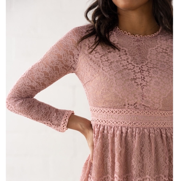 FEW LEFT❗️POLAGRAM Dusty Pink Lace Embroidered Long Sleeves Midi Dress - Picture 4 of 13